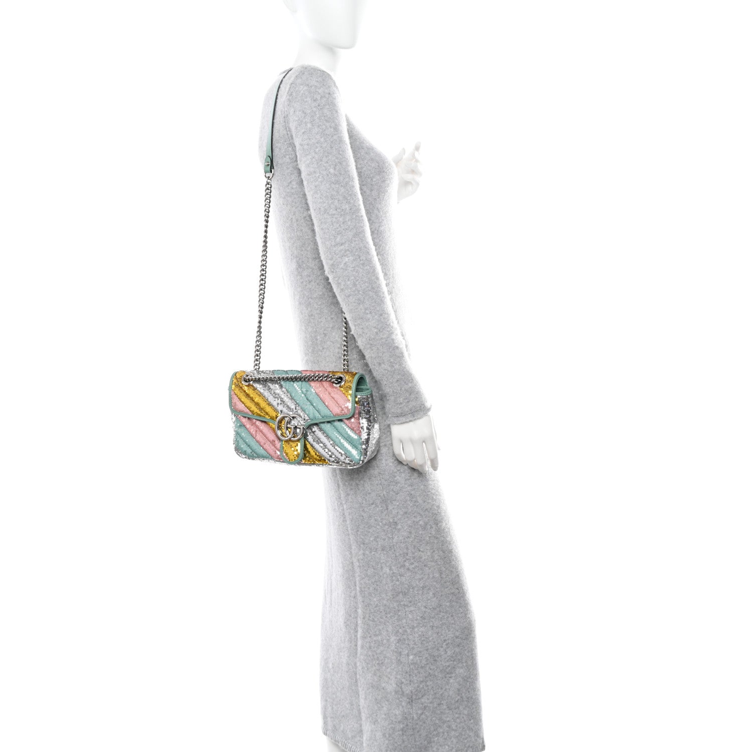 Gucci Sequin Satin Calfskin Matelasse Diagonal Small GG Marmont Shoulder Bag Grigio Argento Verde Chiaro Rosa Giallo Light Water Green 2 of 10