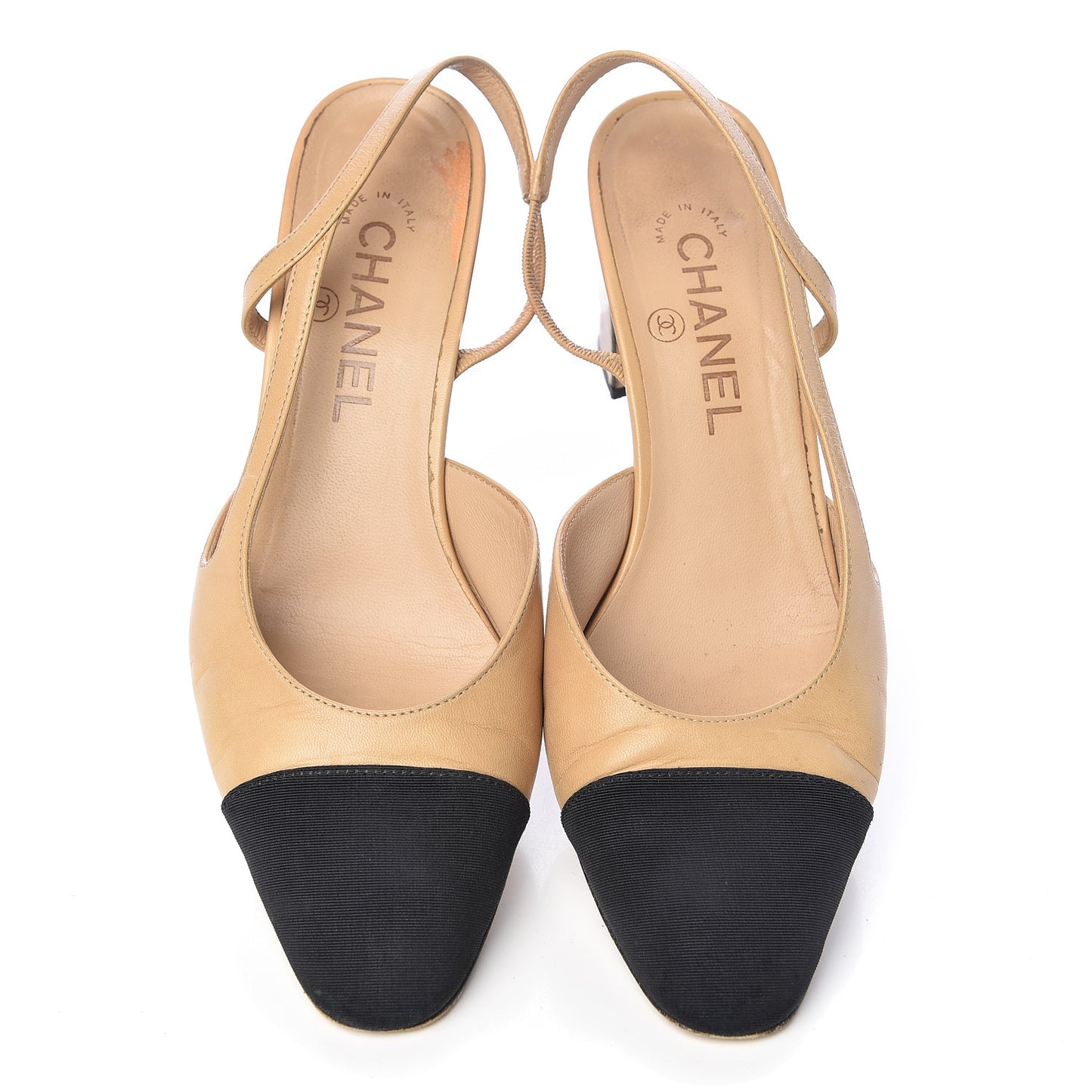 Goatskin Grosgrain Cap Toe CC Slingback Pumps 38.5 Beige Black