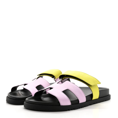 Hermes Satin Womens Chypre Sandals 38 Violet Petale Vert lime 3 of 9