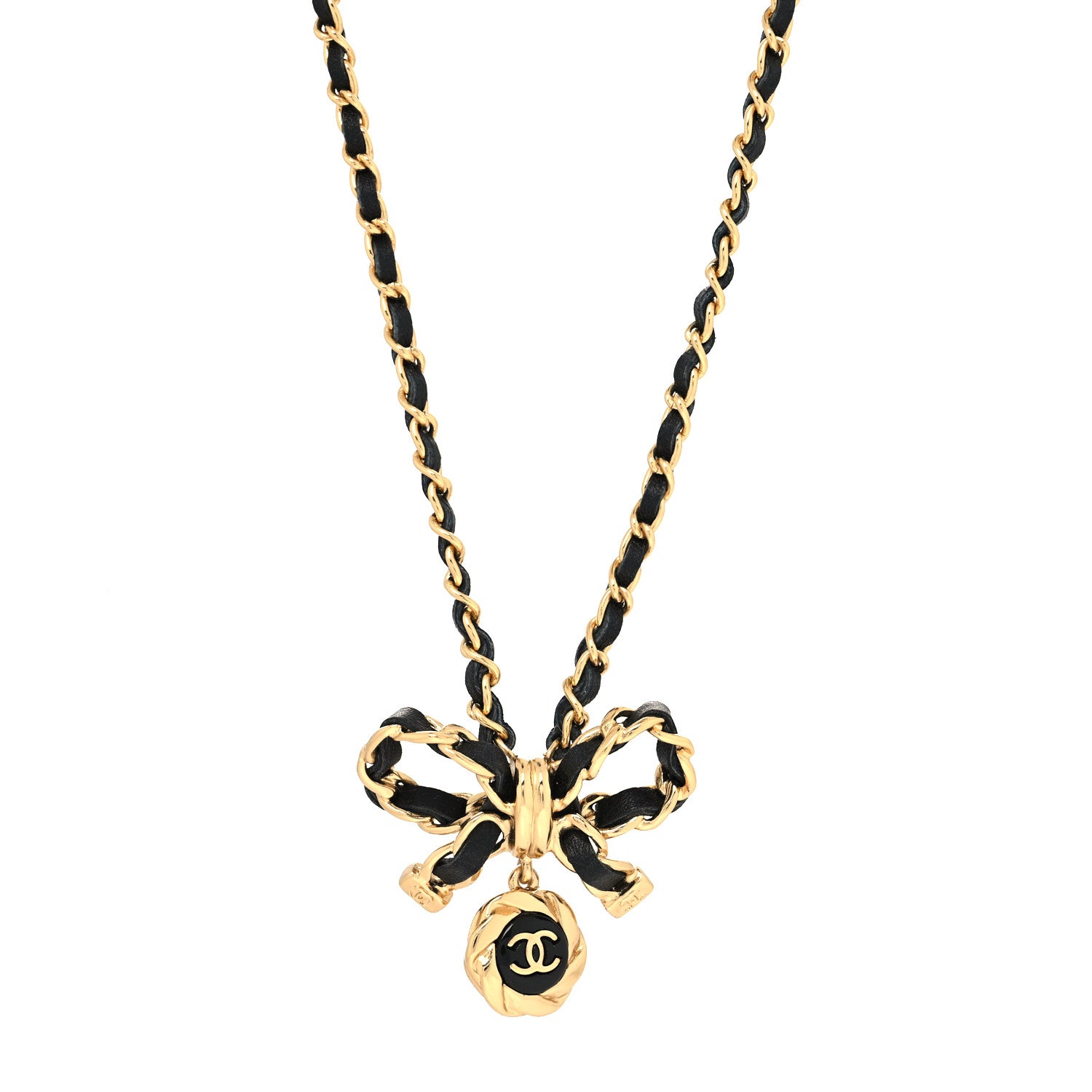 Chanel Metal Lambskin Chain CC Bow Necklace Black Gold 1 of 5