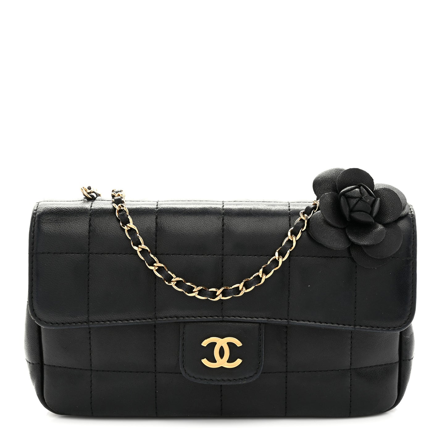 Lambskin Quilted Mini Chocolate Bar Camellia Flap Black
