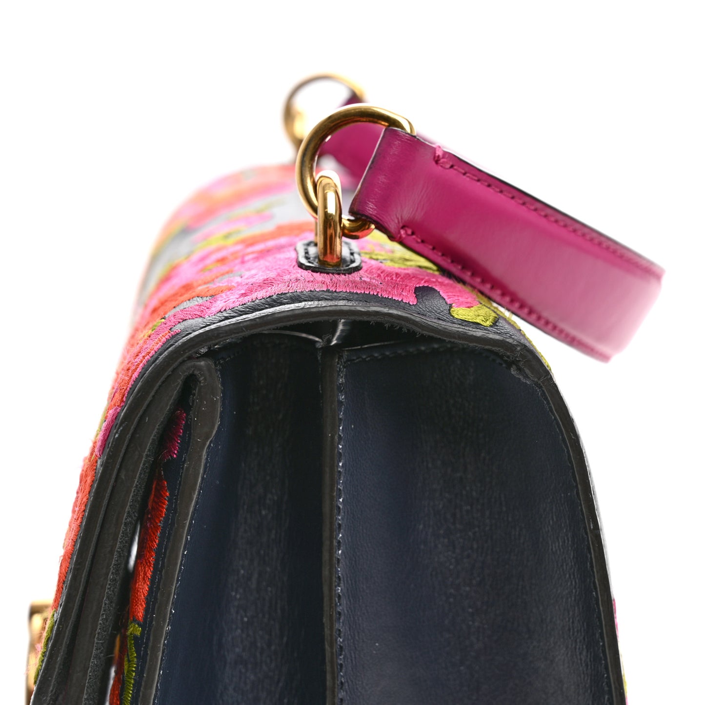 Smooth Calfskin Embroidered Floral Harlow Satchel Navy Multicolor