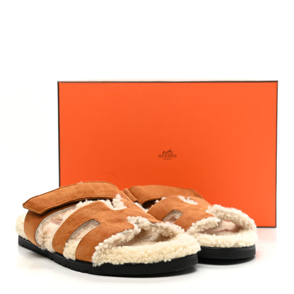 Hermes Suede Goatskin Woolskin Womens Chypre Sandals 39.5 Brun Fume Ecru 8 of 8