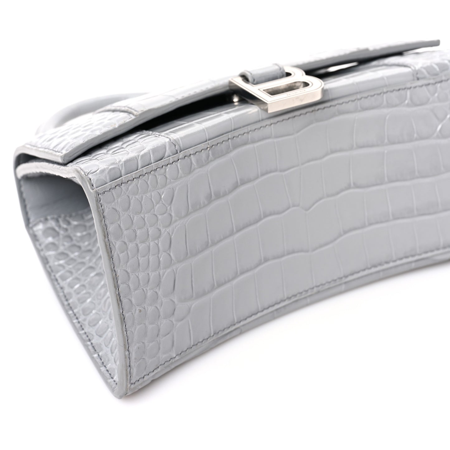 Shiny Calfskin Crocodile Embossed Small Hourglass Top Handle Bag Balenciaga Grey