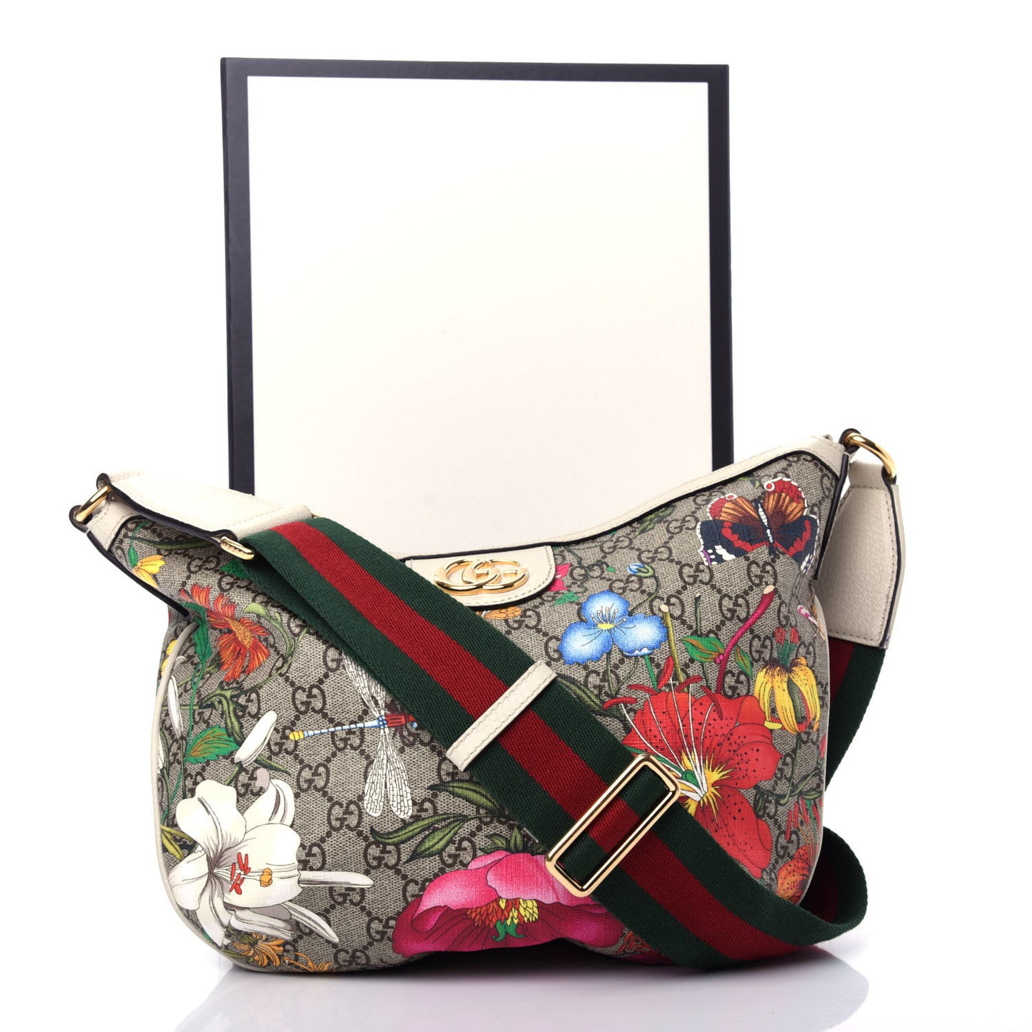 GG Supreme Monogram Flora Web Small Ophidia Half Moon Hobo White