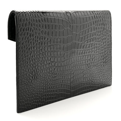Saint Laurent Calfskin Crocodile Embossed Uptown Monogram Clutch Black 3 of 7
