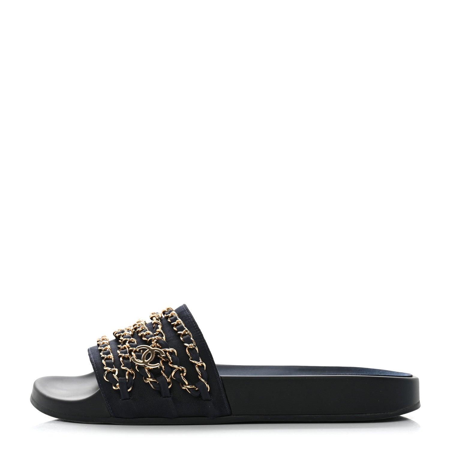 Chanel Satin Canvas Chain Slides Sandals Flats 38 Marine 1 of 9