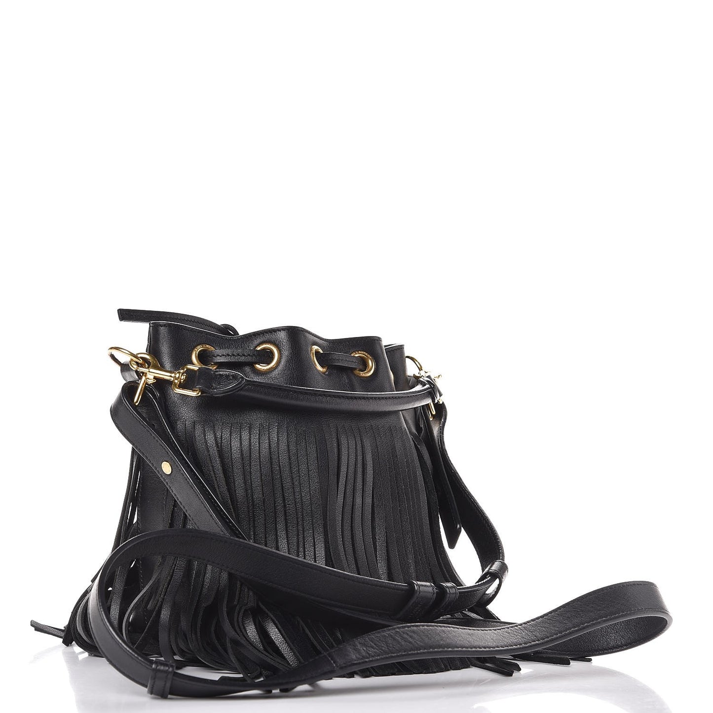 Calfskin Small Emmanuelle Fringe Bucket Bag Black