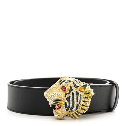 Gucci Calfskin Crystal Metal Tiger Head Buckle 30mm Belt 75/30 Black 1 of 5