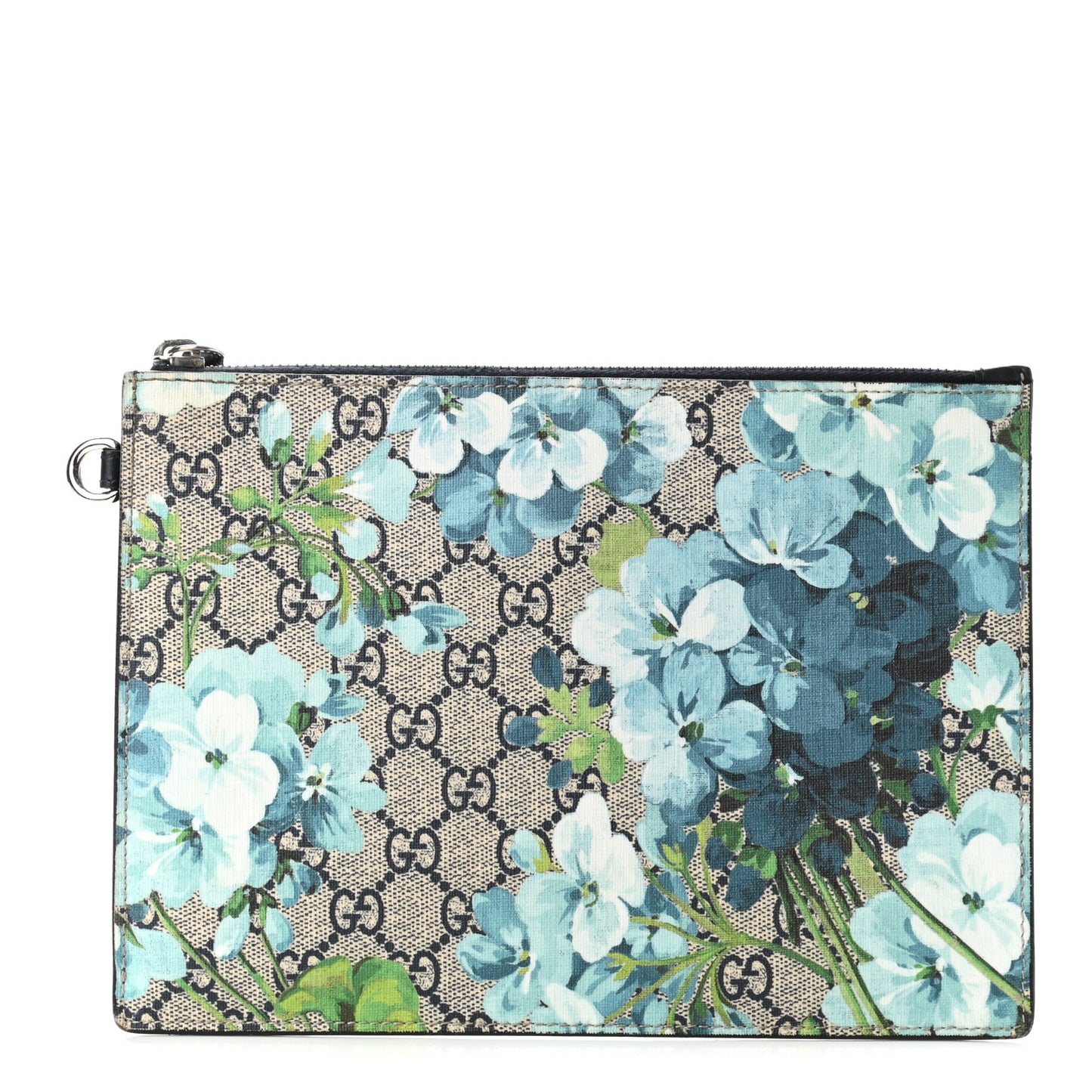 GG Supreme Monogram Blooms Small Zip Wristlet Pouch Beige Blue Black