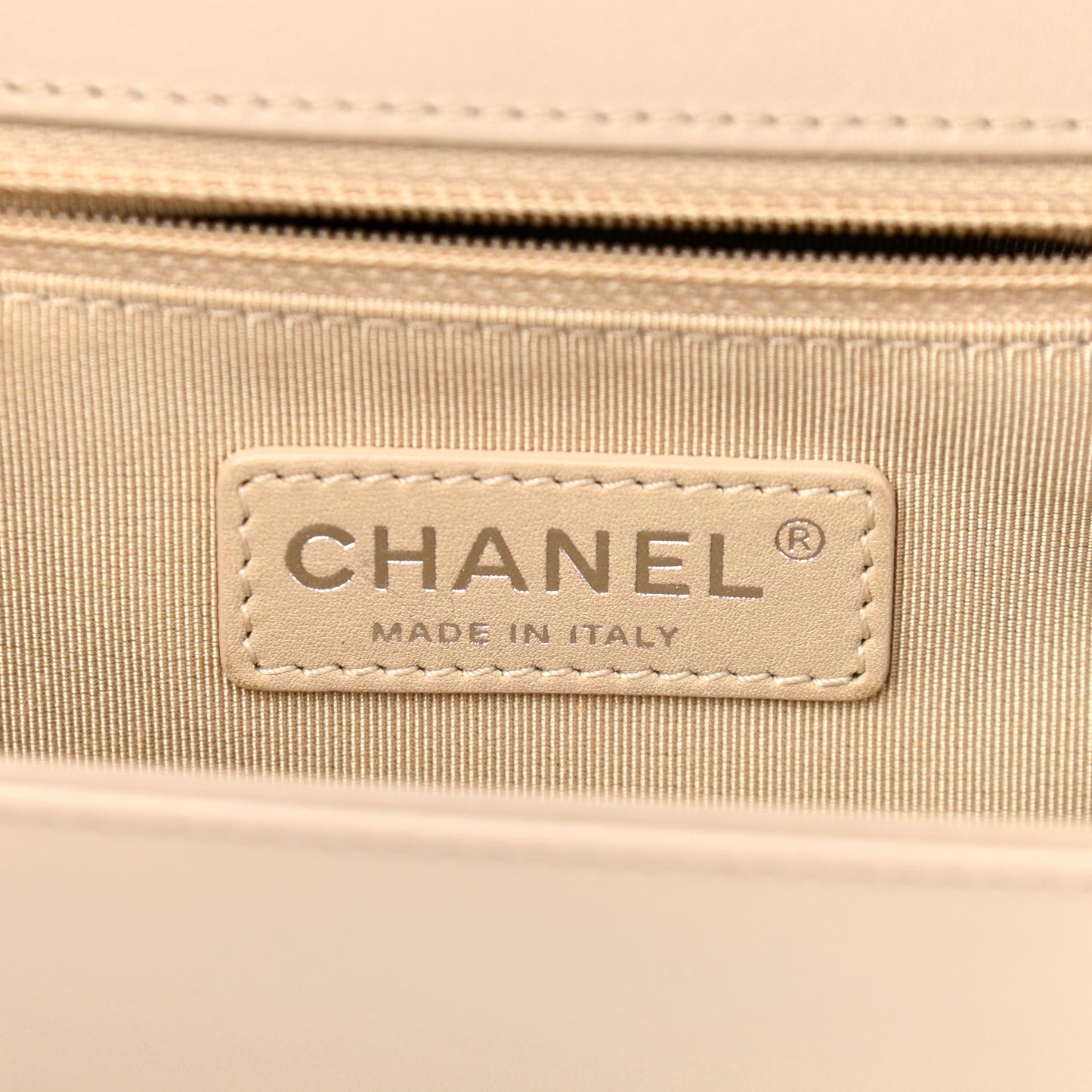 Patent Chevron Quilted New Medium Boy Flap Light Beige