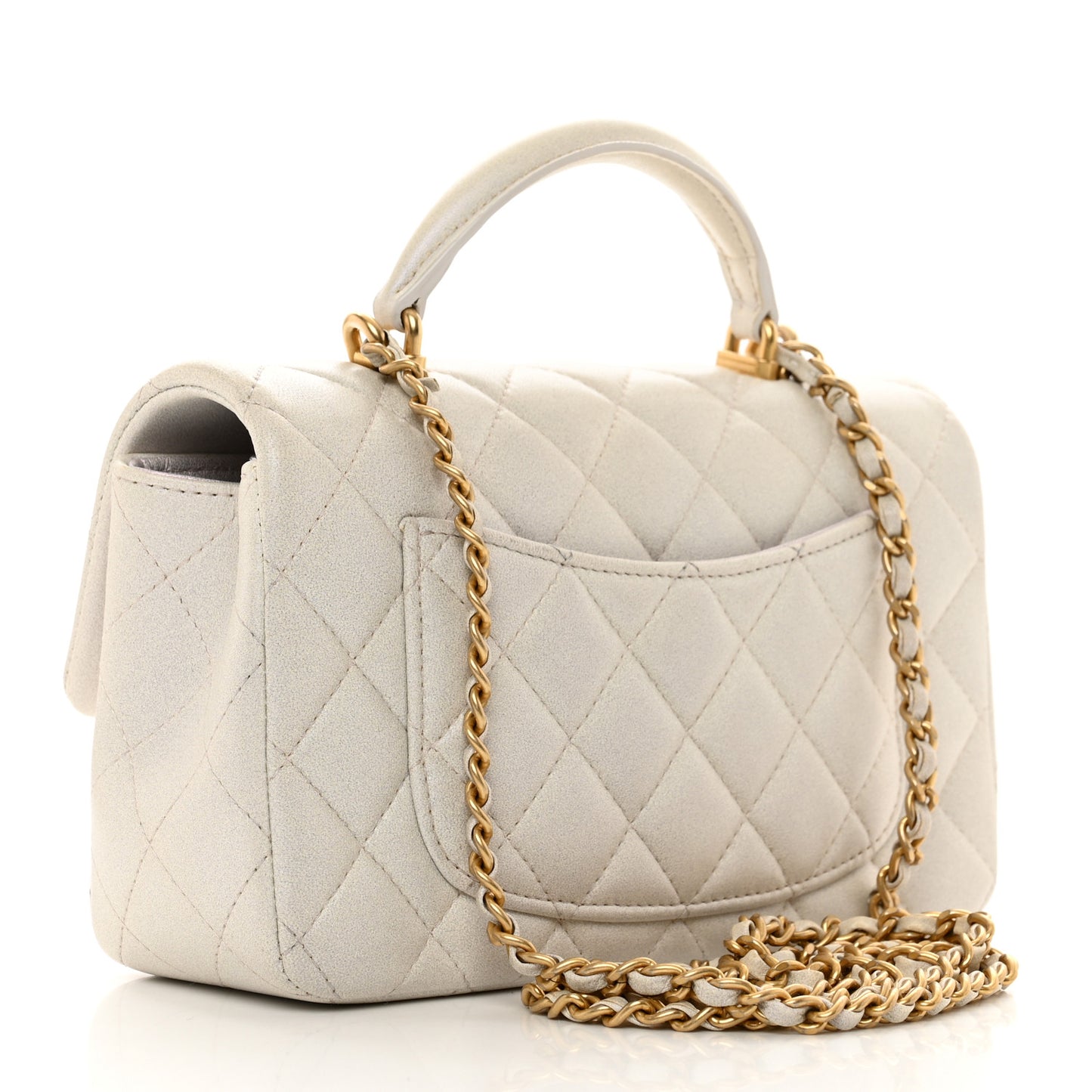 Iridescent Lambskin Quilted Mini Top Handle Rectangular Flap White