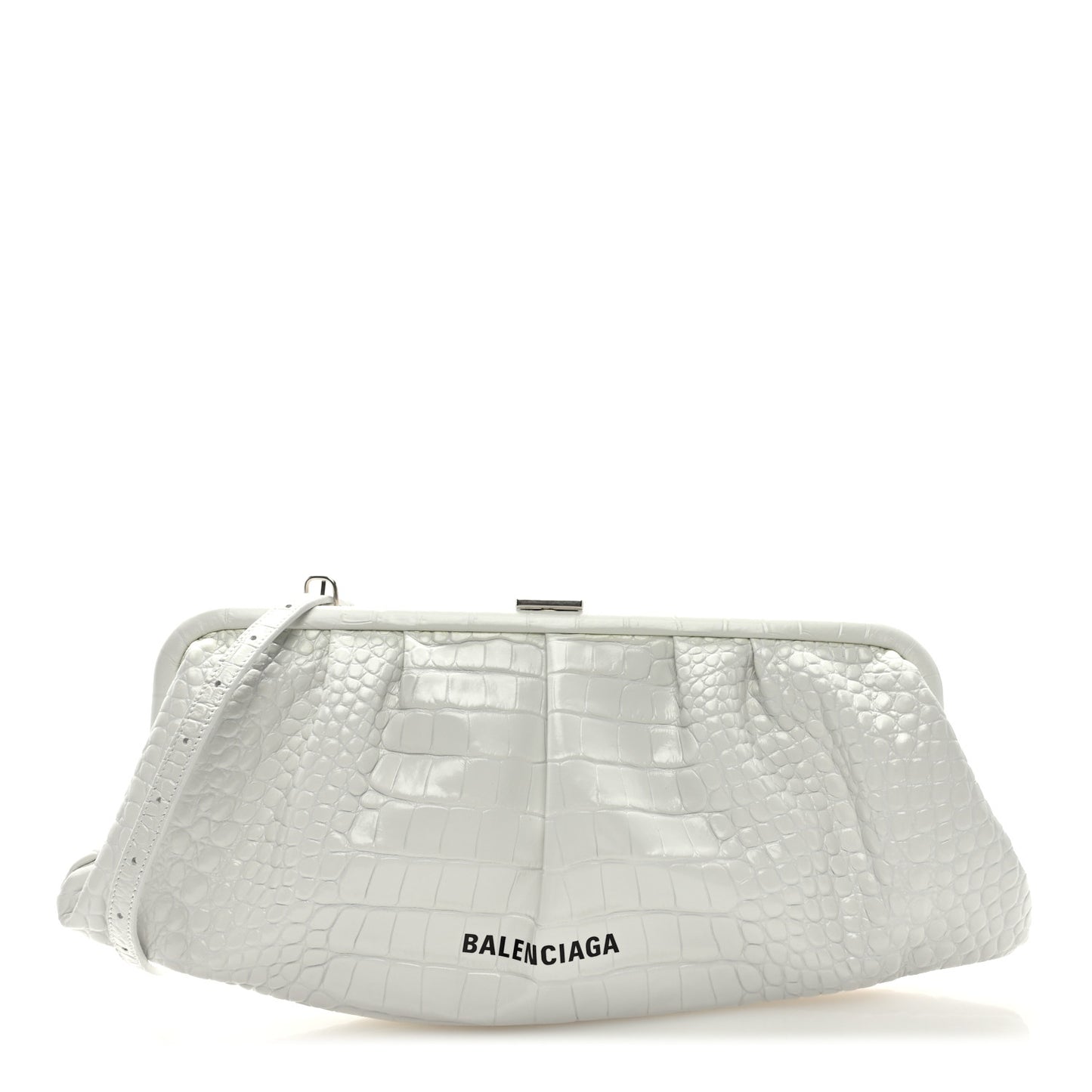 Shiny Supple Calfskin Logo Crocodile Embossed XL Cloud Clutch White