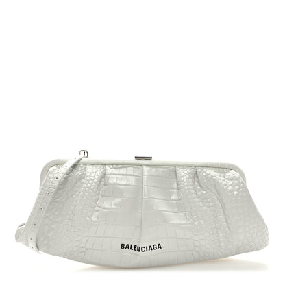 Balenciaga Shiny Supple Calfskin Logo Crocodile Embossed XL Cloud Clutch White 1 of 8