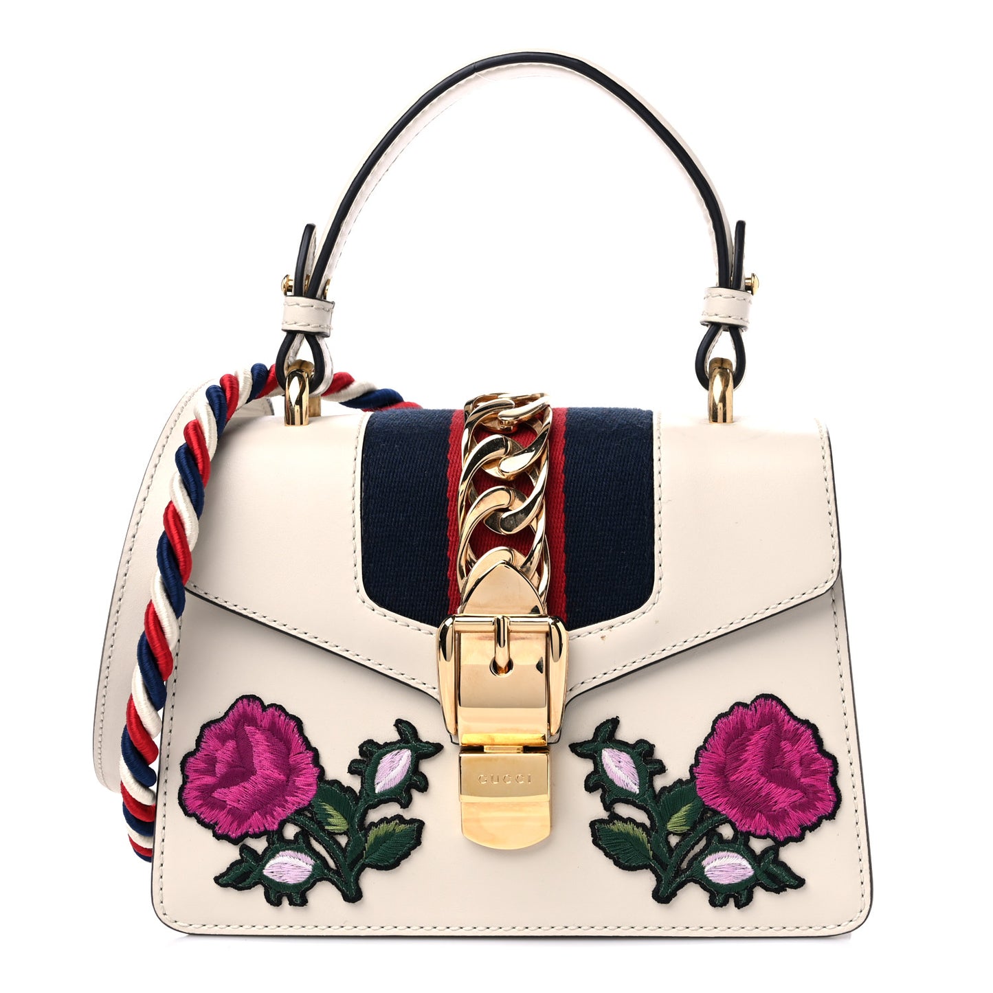 Calfskin Embroidered Mini Sylvie Top Handle Bag White
