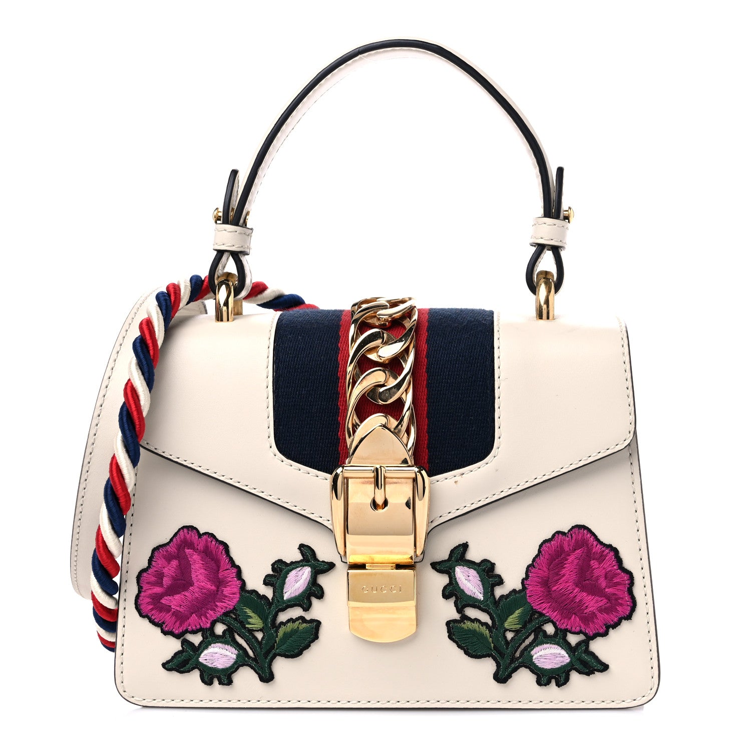 Gucci Calfskin Embroidered Mini Sylvie Top Handle Bag White 1 of 12