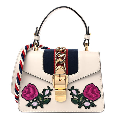Gucci Calfskin Embroidered Mini Sylvie Top Handle Bag White 1 of 12