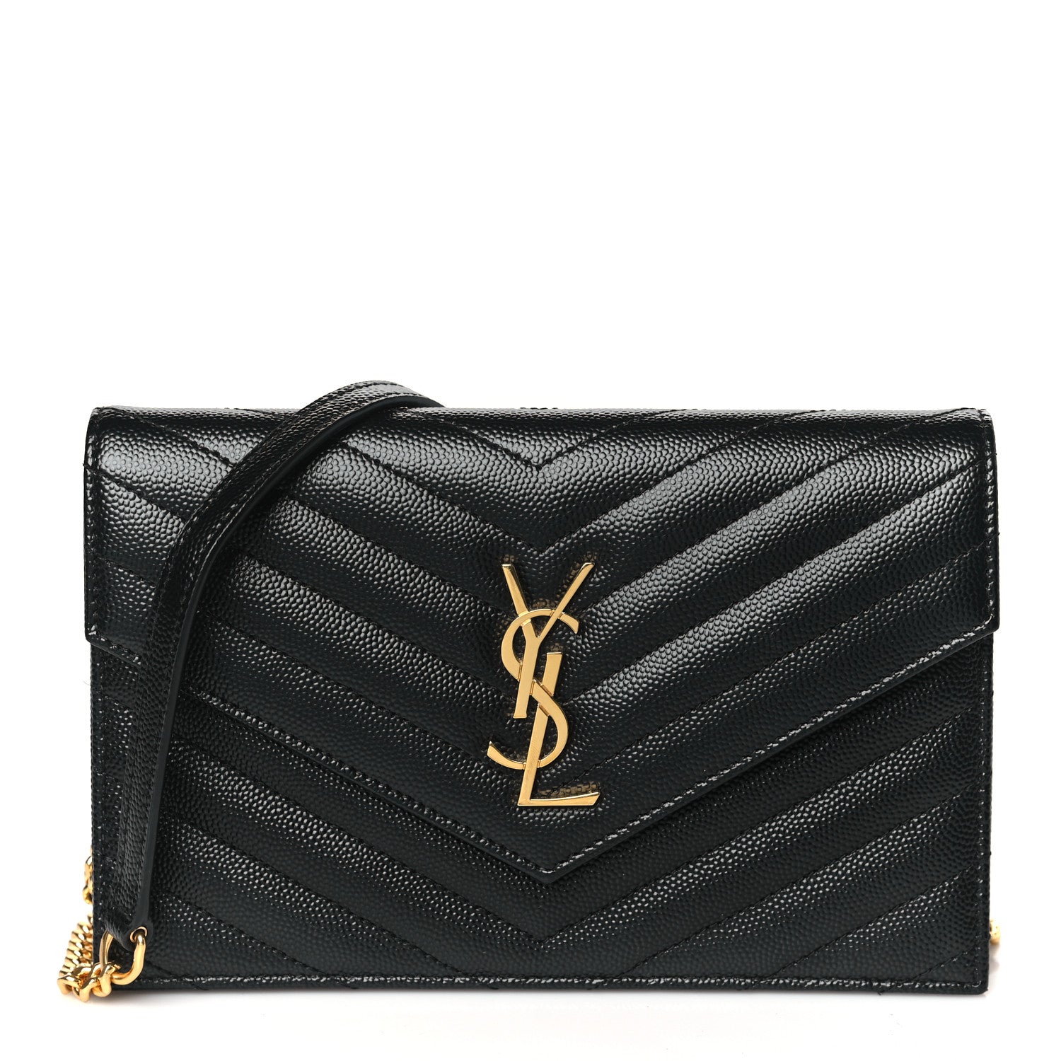 Saint Laurent Grain De Poudre Matelasse Chevron Monogram Envelope Chain Wallet Black 1 of 9
