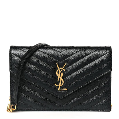 Saint Laurent Grain De Poudre Matelasse Chevron Monogram Envelope Chain Wallet Black 1 of 9