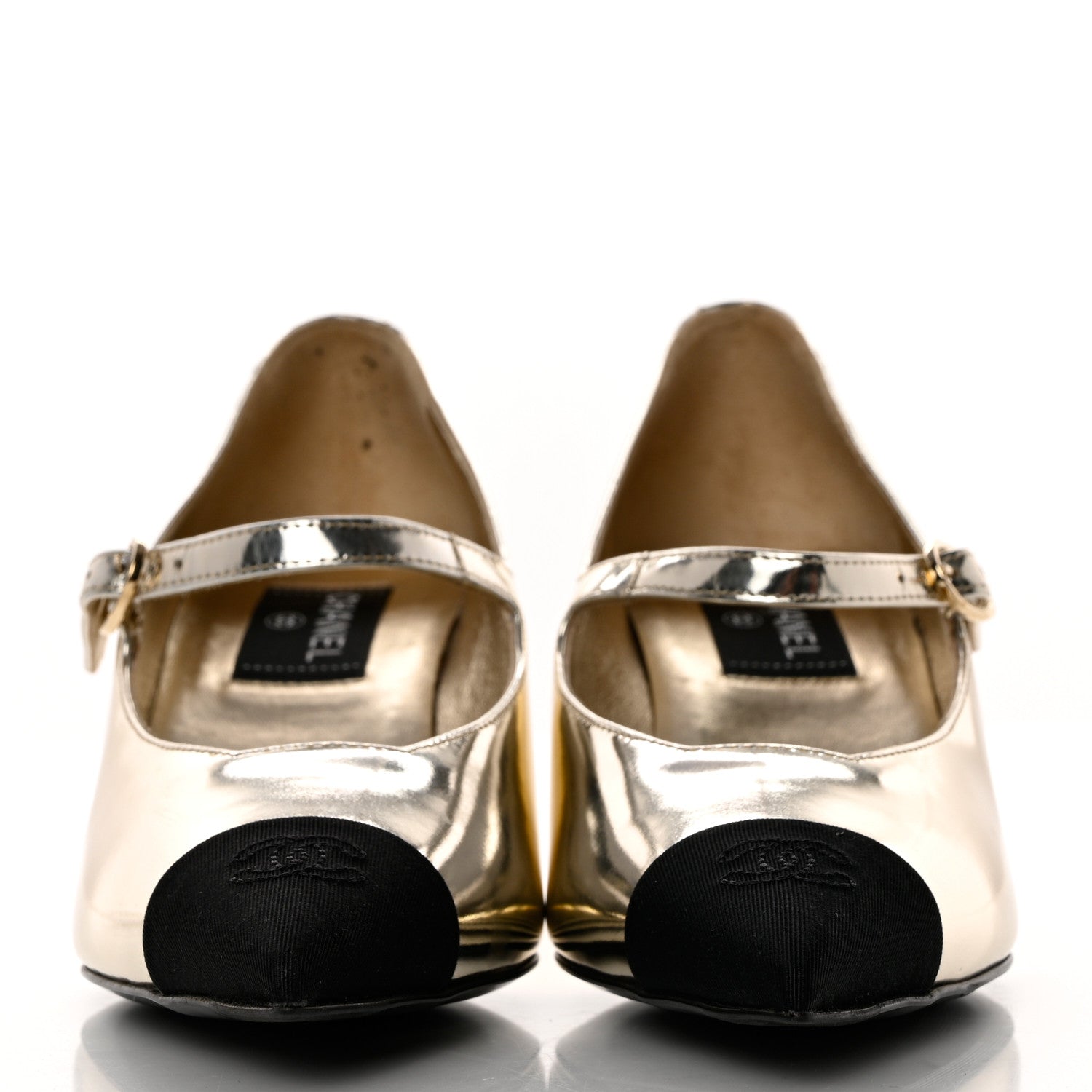 Chanel Laminated Calfskin Grosgrain Cap Toe CC Pointed Toe Wedge Pumps 38 Gold Black 2 of 9