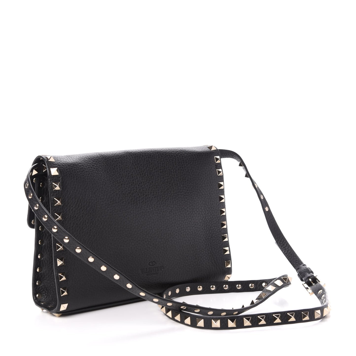 Pebbled Calfskin Medium Rockstud Flip Lock Crossbody Bag Black