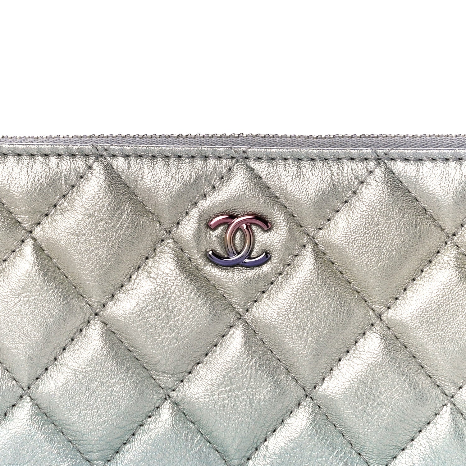 Chanel Gradient Metallic Calfskin Quilted Small Cosmetic Pouch Silver Blue Yellow Purple 8 of 11
