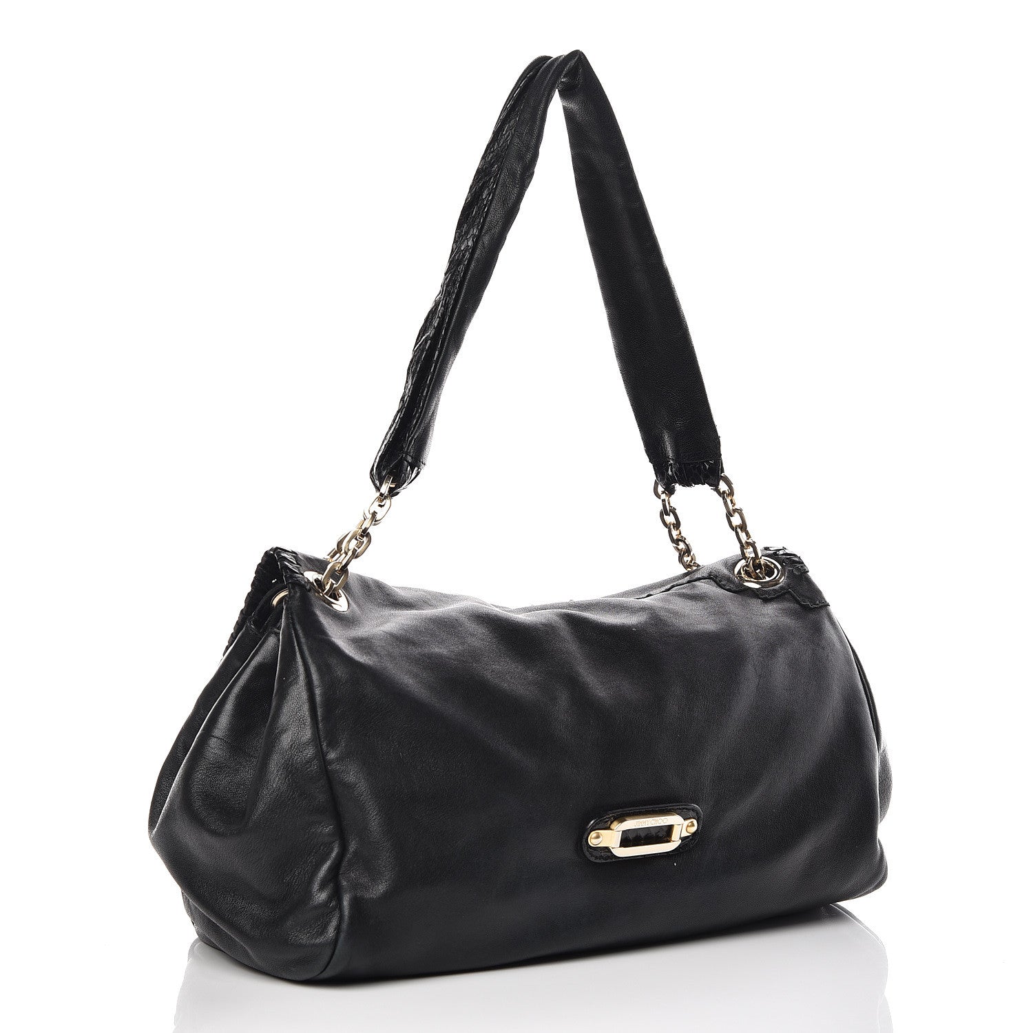 Jimmy Choo Lambskin Snakeskin Woven Flap Hobo Black 3 of 12