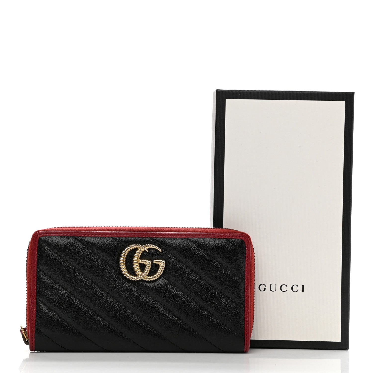 Gucci Vintage Effect Calfskin Matelasse Diagonal Torchon GG Marmont Zip Around Wallet Black Romantic Cherry 8 of 8