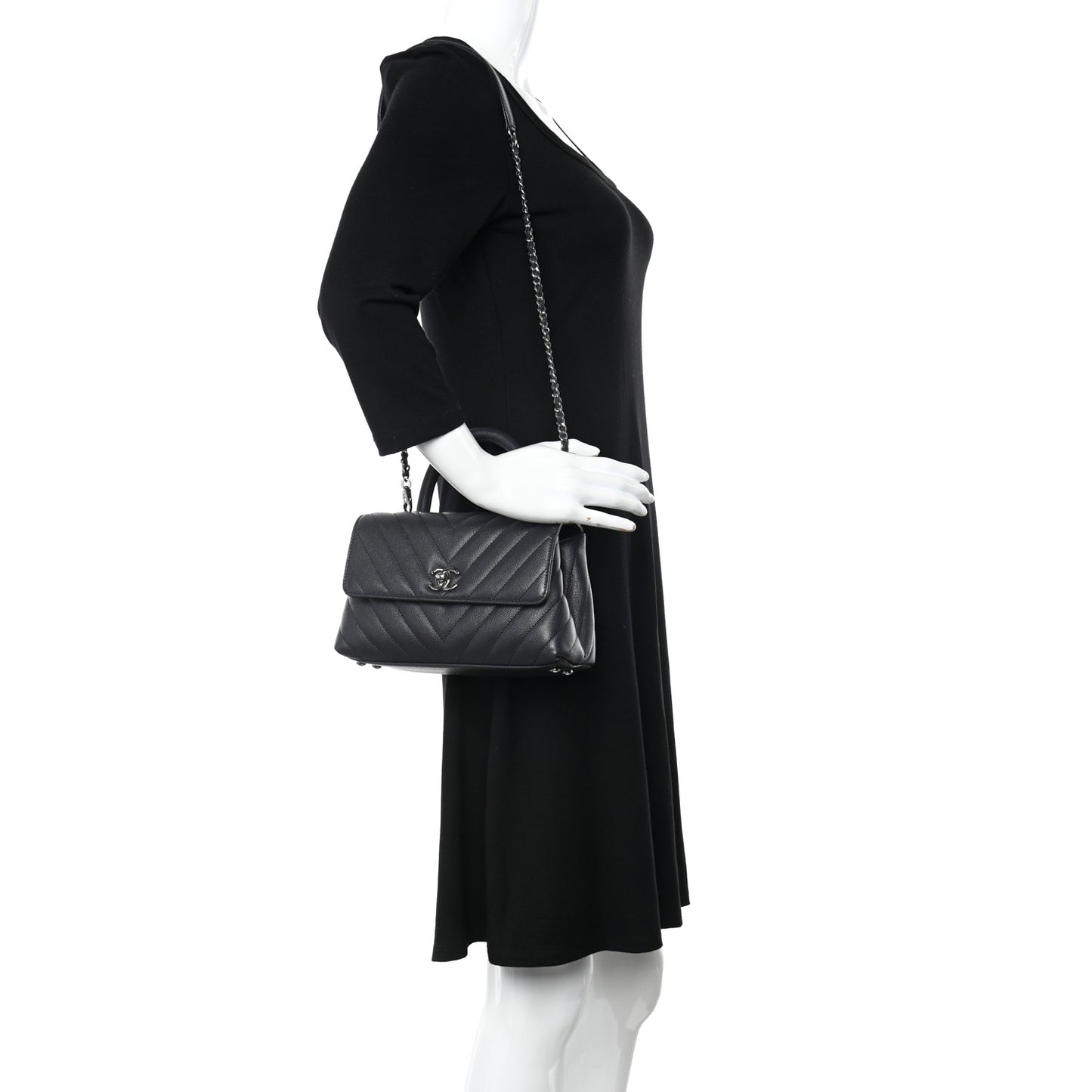 Caviar Chevron Quilted Mini Coco Handle Flap Dark Grey