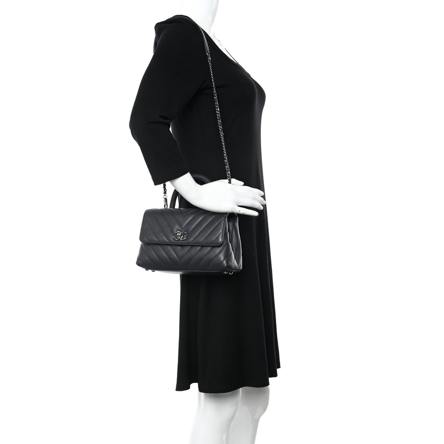 Chanel Caviar Chevron Quilted Mini Coco Handle Flap Dark Grey 2 of 10