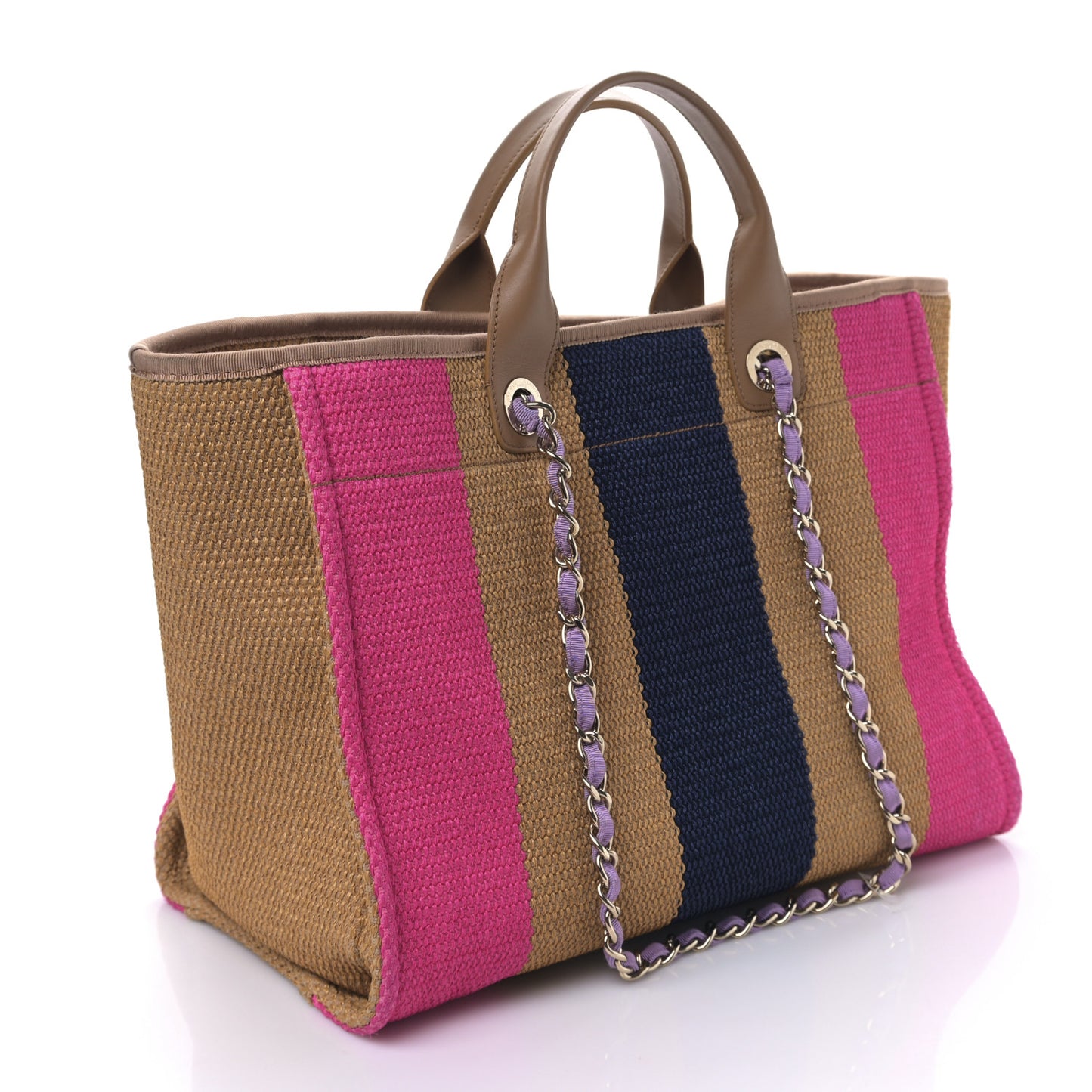Straw Raffia Calfskin Striped Large Deauville Tote Dark Beige Fuchsia Navy Blue