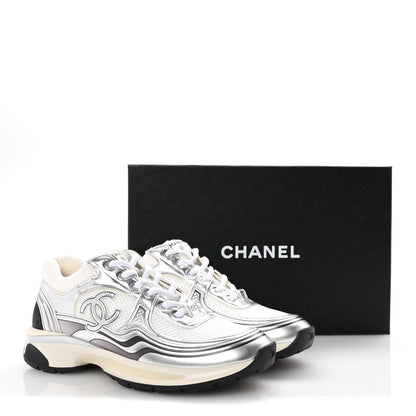 Chanel Fabric Laminated Calfskin Stretch CC Womens Sneakers 40 White Silver 10 of 10