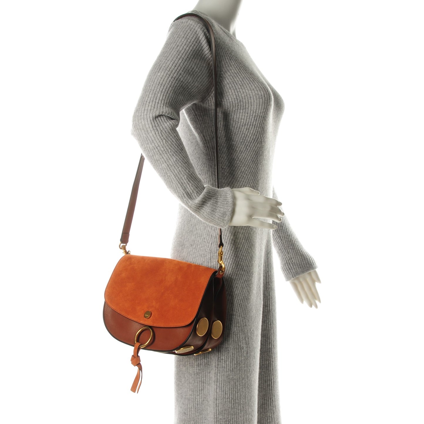 Suede Smooth Calfskin Kurtis Shoulder Bag Classic Tobacco