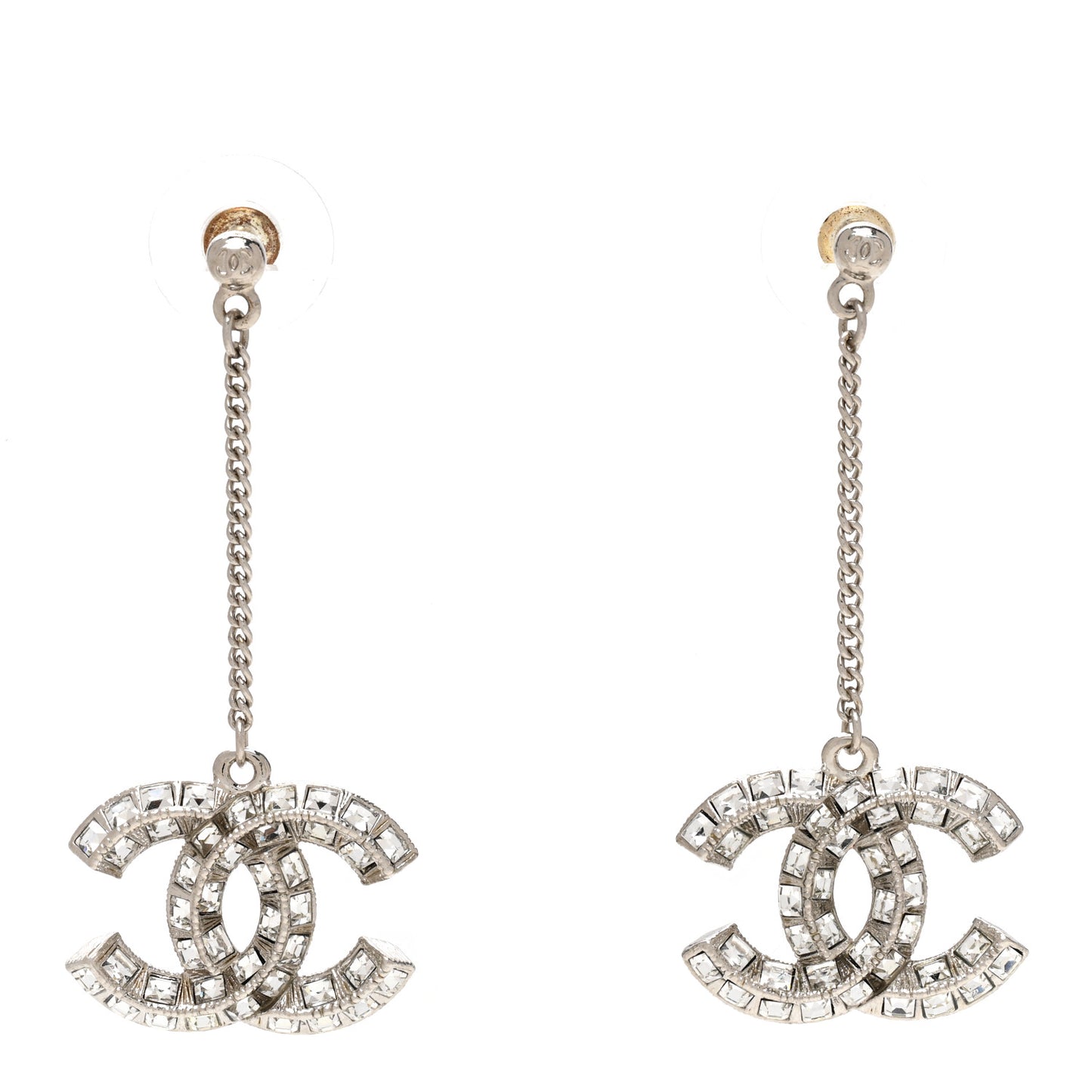 Baguette Crystal CC Drop Earrings Silver