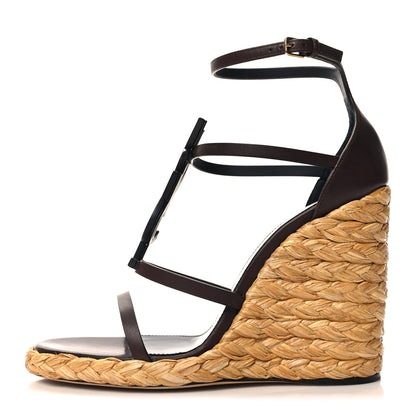 Saint Laurent Calfskin Cassandra Espadrille 105 Wedges 39.5 Chocolate 1 of 9