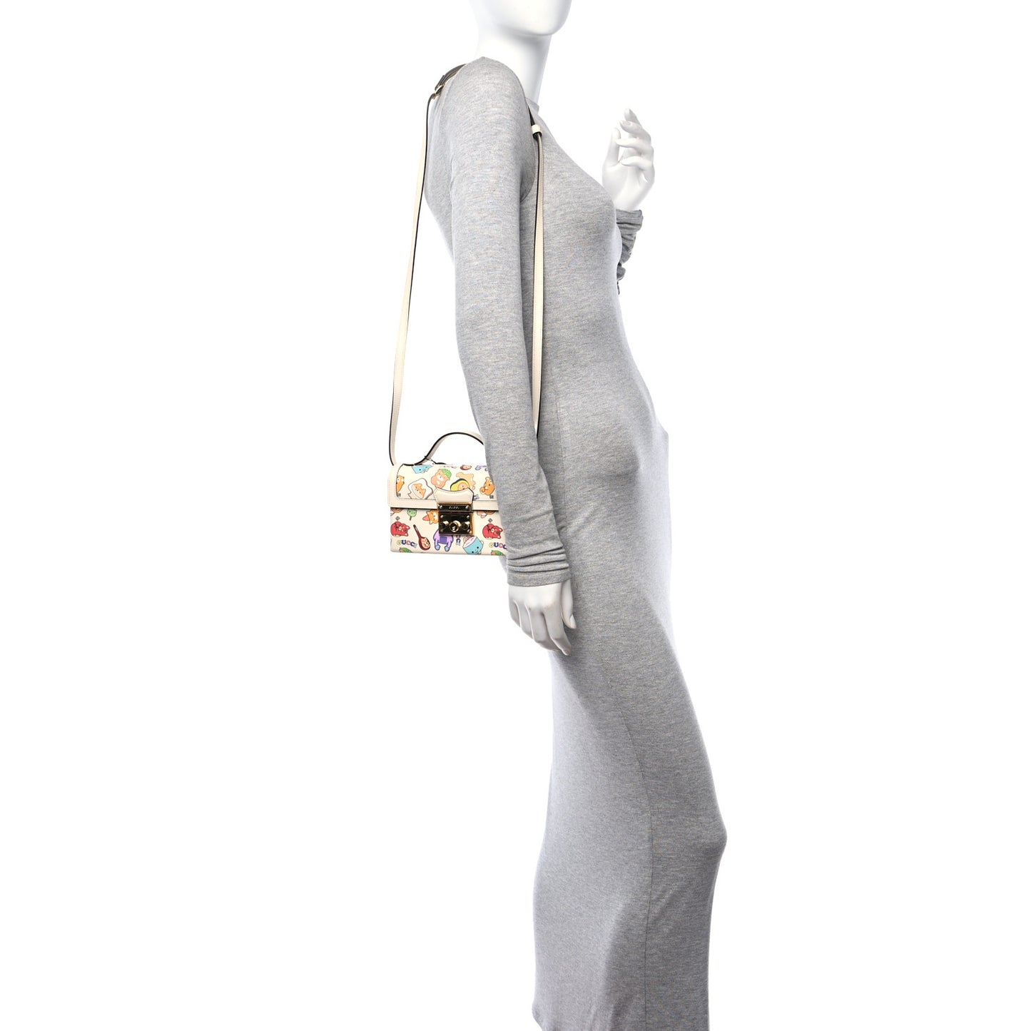 X PIKARAR Textured Dollar Calfskin Animal Print Mini Padlock Top Handle Shoulder Bag Beige Mystic White Multicolor