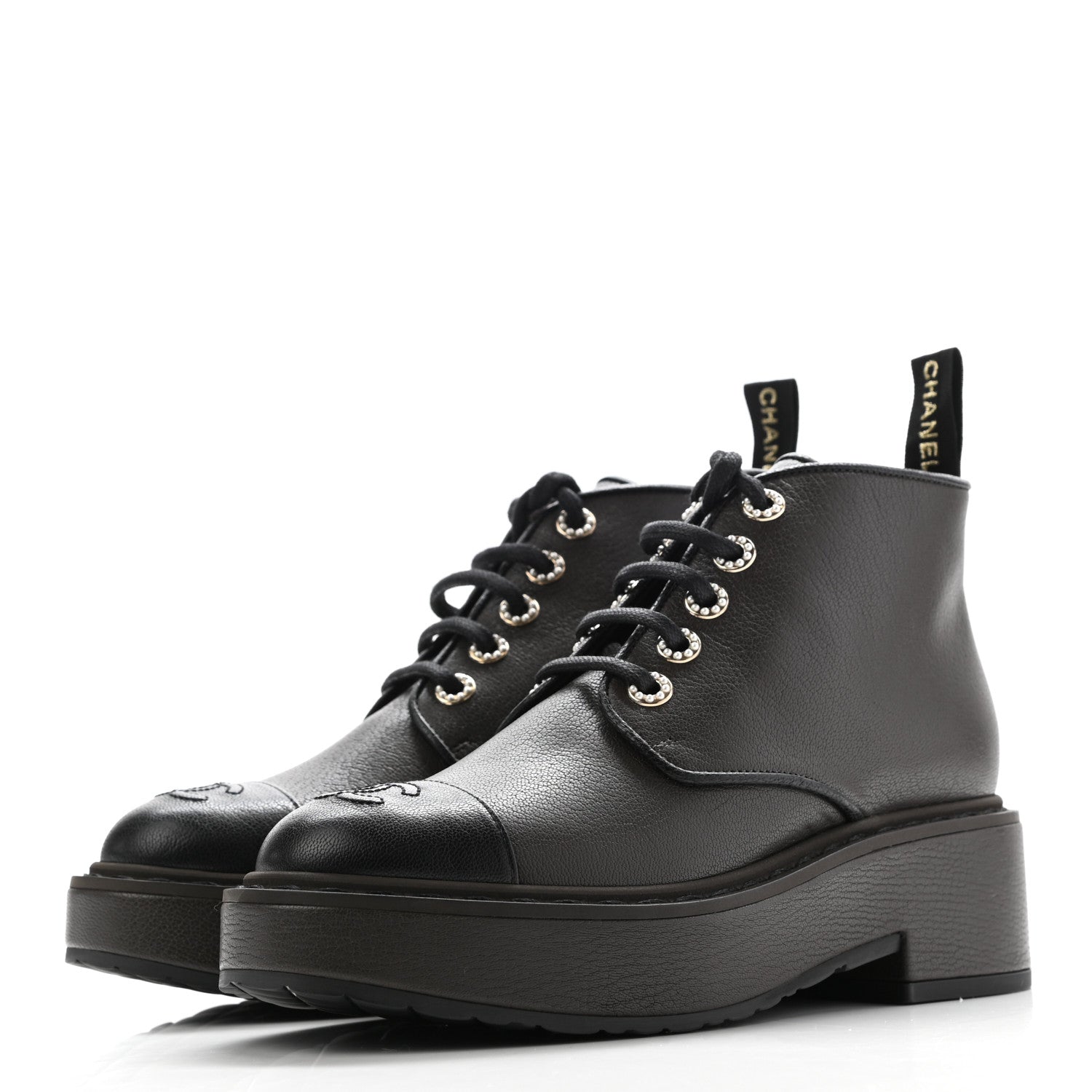 Chanel Goatskin Pearl Lace Up CC Short Boots 38.5 Brown Black 3 of 8