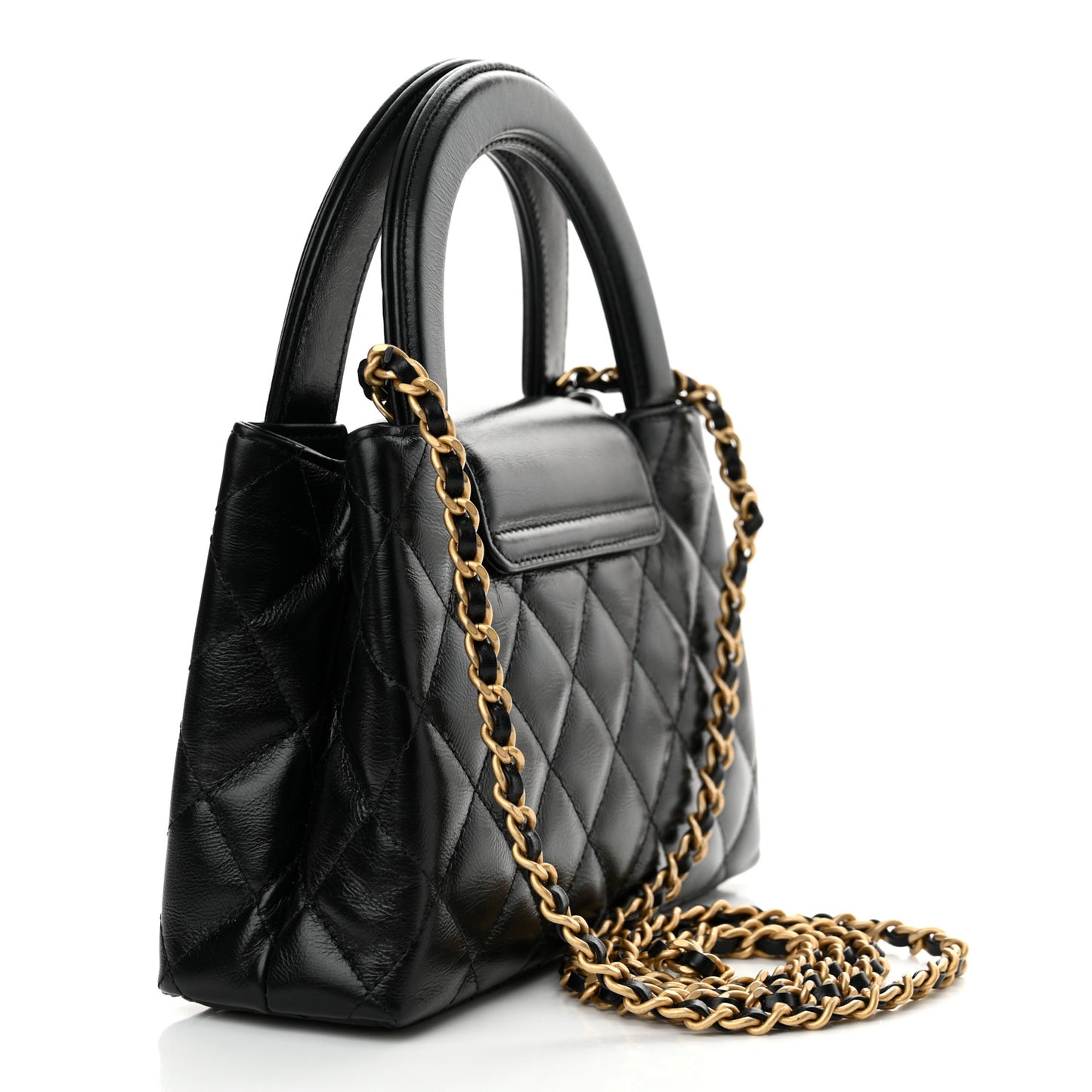 Shiny Aged Calfskin Quilted Nano Kelly Shopper Black