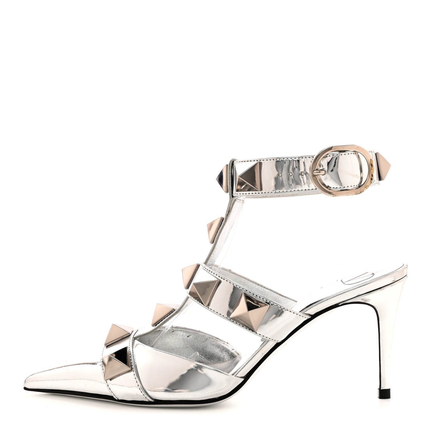Metallic Roman Stud Ankle Strap 80mm Pumps 35 Silver