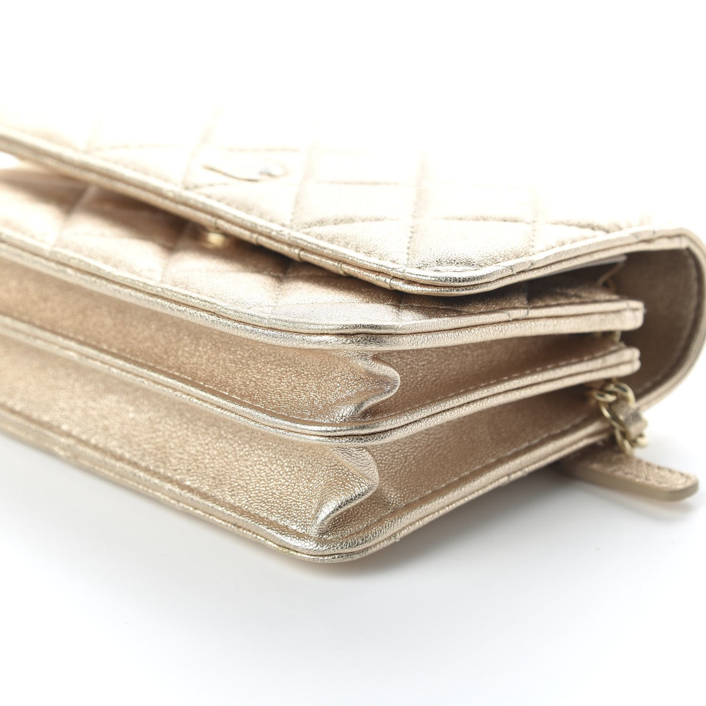 Metallic Lambskin Quilted Mini Wallet On Chain WOC Gold