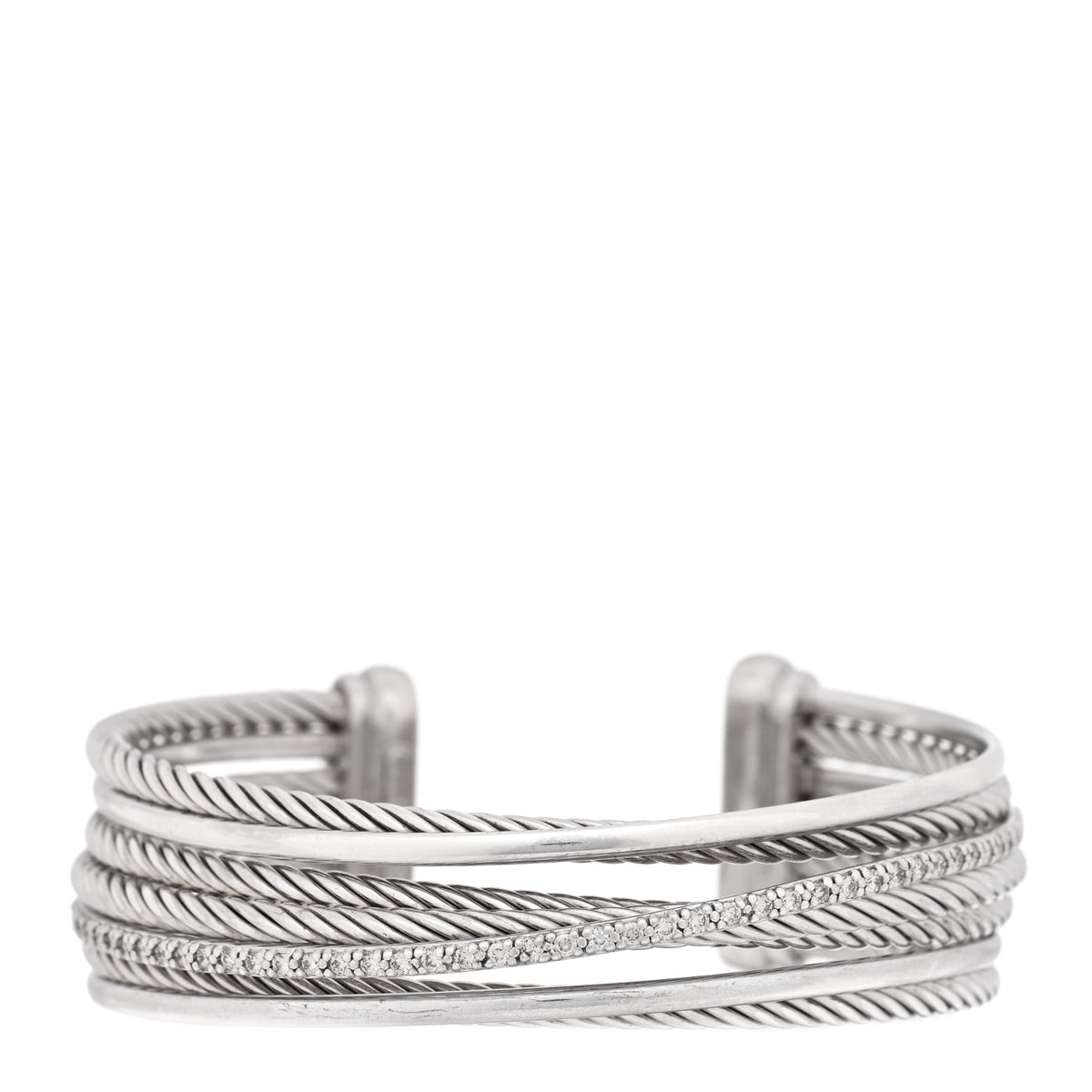 David Yurman Sterling Silver Diamond Crossover Four Row Cuff Bracelet 1 of 3