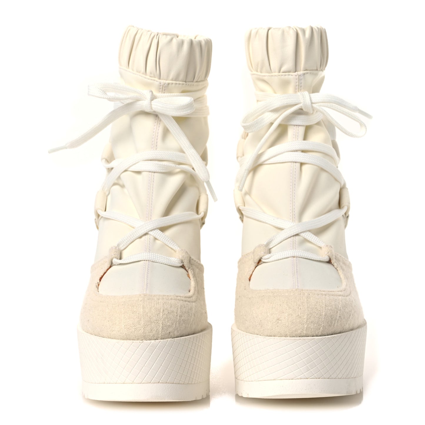Tweed Patent Calfskin Runway Wedge Short Platform Boots 38 White Ivory