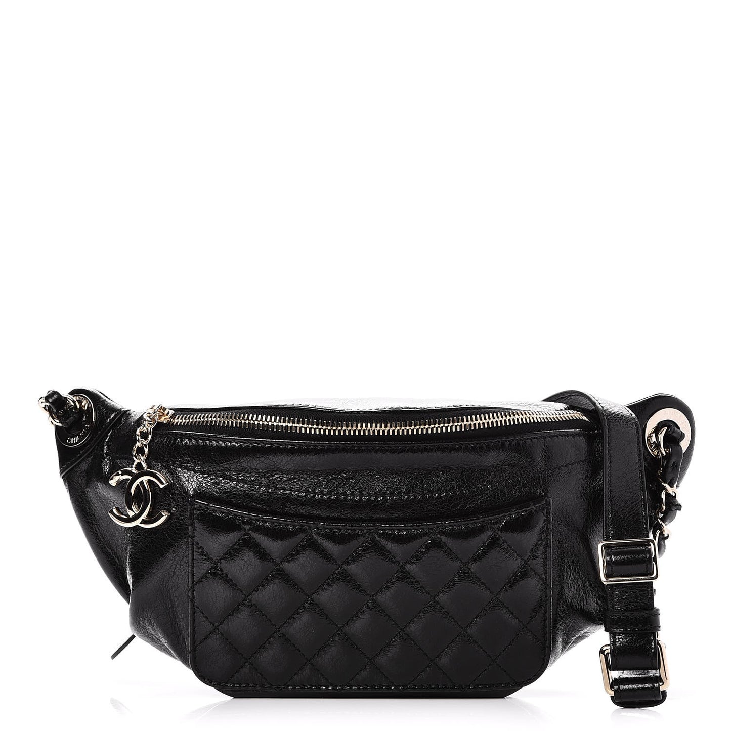 Crumpled Glazed Lambskin Quilted Waist Bag Fanny Pack Black