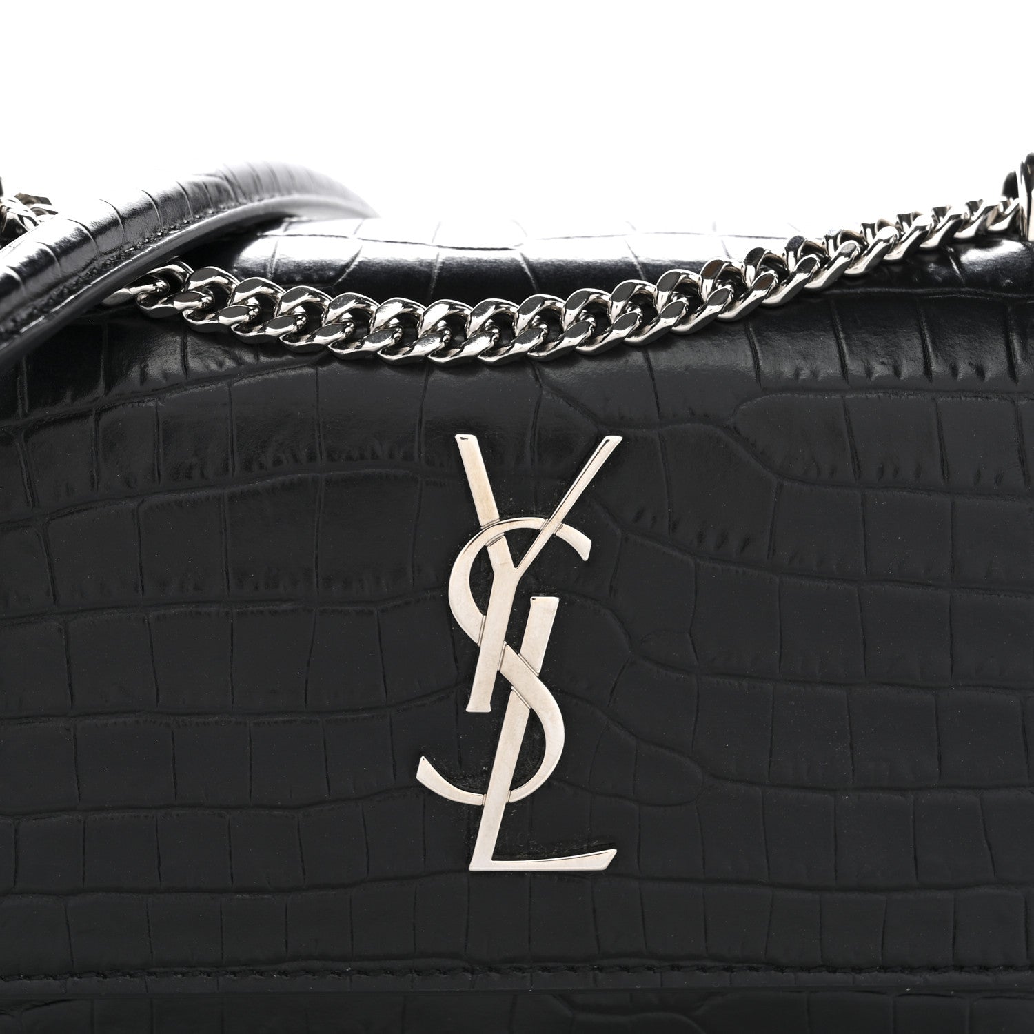 Saint Laurent Calfskin Crocodile Embossed Monogram Sunset Chain Wallet Black 8 of 11