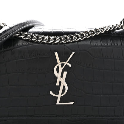 Saint Laurent Calfskin Crocodile Embossed Monogram Sunset Chain Wallet Black 8 of 11