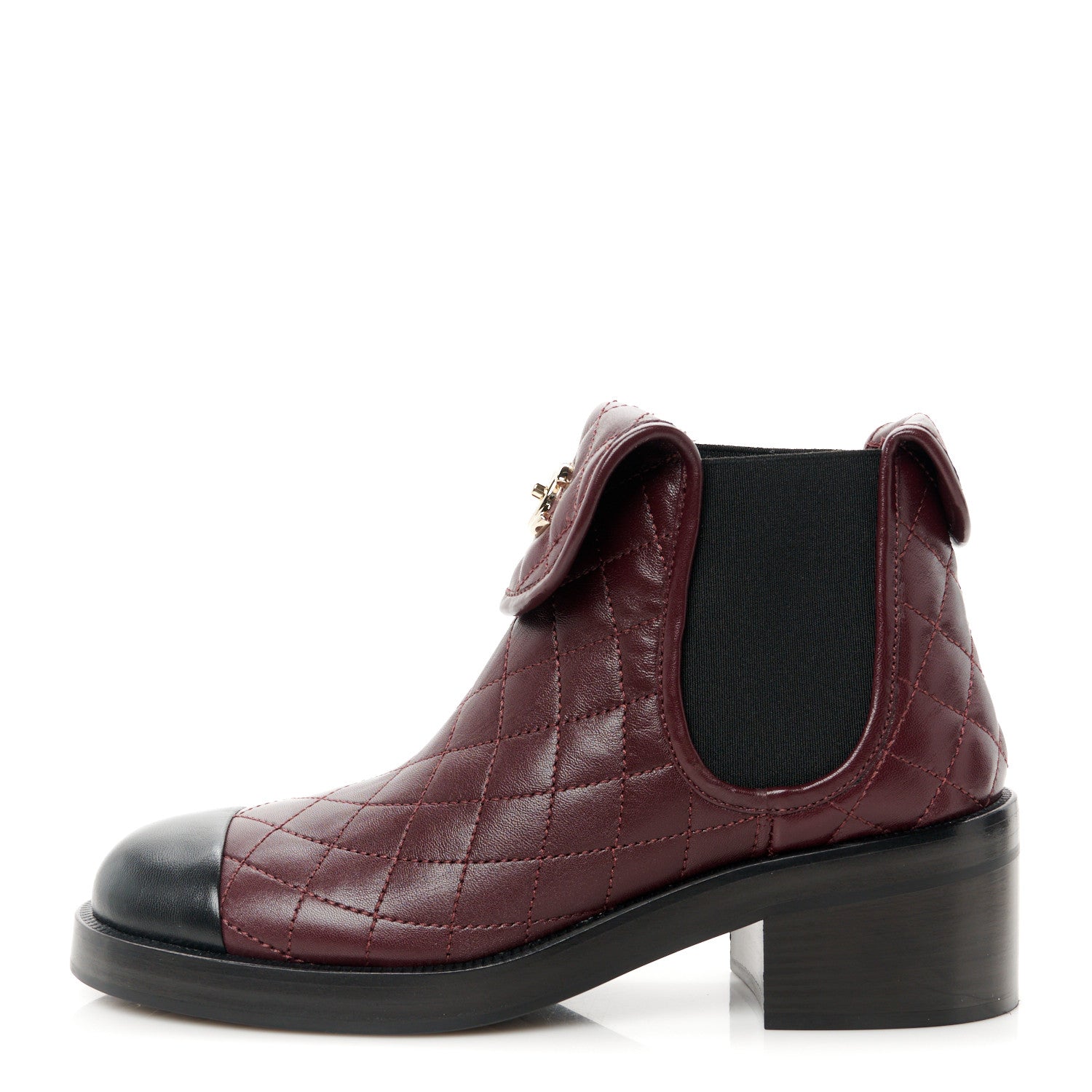 Chanel Lambskin Quilted Cap Toe CC Turnlock Booties 37 Burgundy Black 1 of 11