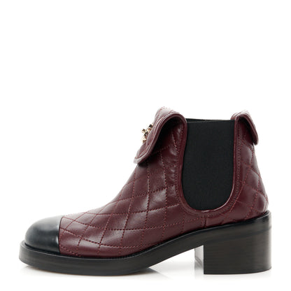 Chanel Lambskin Quilted Cap Toe CC Turnlock Booties 37 Burgundy Black 1 of 11