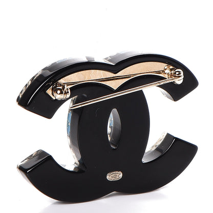 Chanel Resin Pearl Enamel Flower CC Brooch Black Blue Gold 3 of 5