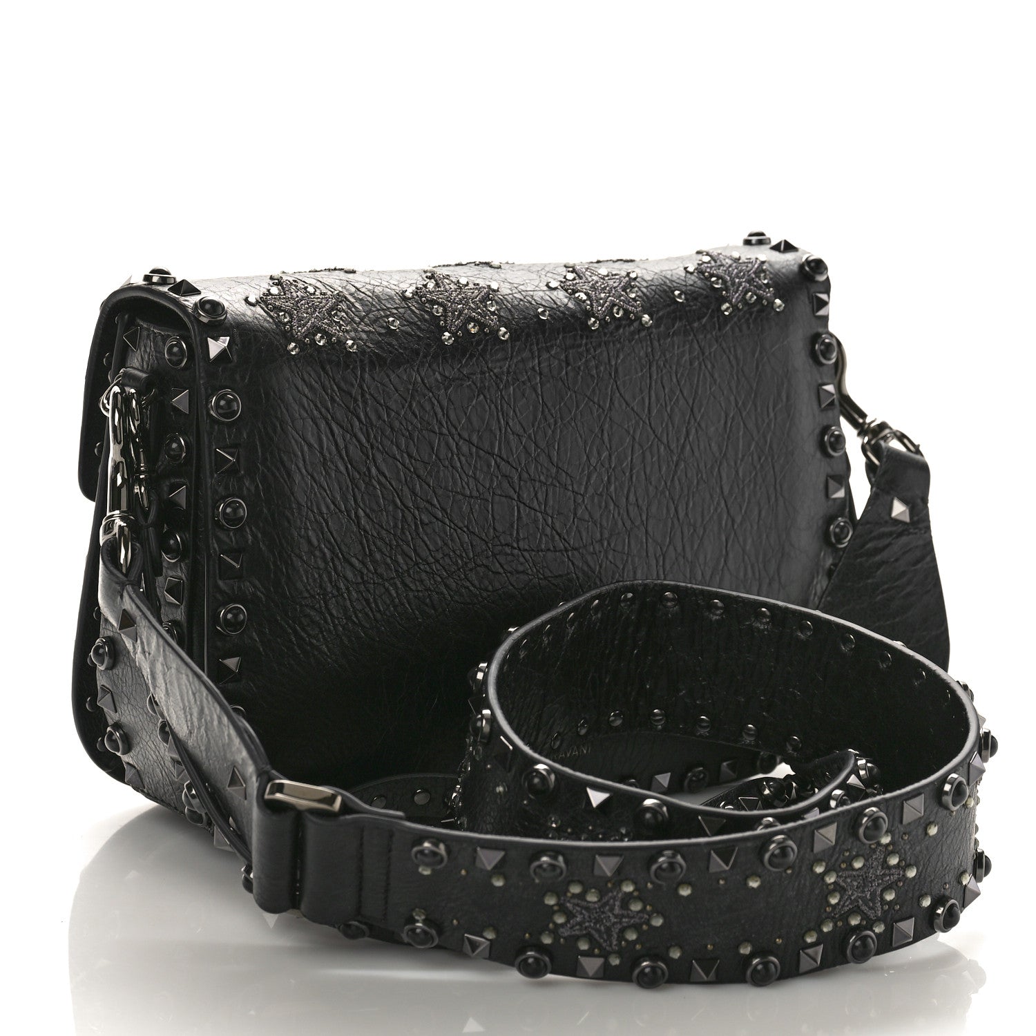 Valentino Garavani Pebbled Calfskin Crystal Embroidered Star Medium Rockstud Rolling Flap Saddle Bag Black 3 of 8
