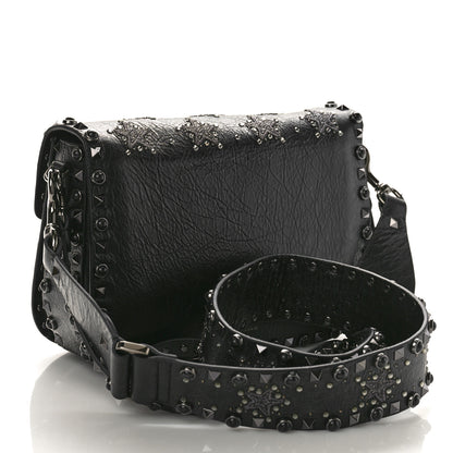 Valentino Garavani Pebbled Calfskin Crystal Embroidered Star Medium Rockstud Rolling Flap Saddle Bag Black 3 of 8